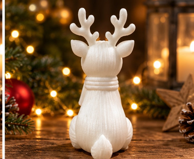 3D Printed Christmas Reindeer Figurine Cute Sitting Reindeer with Scarf, Festive Home Decor