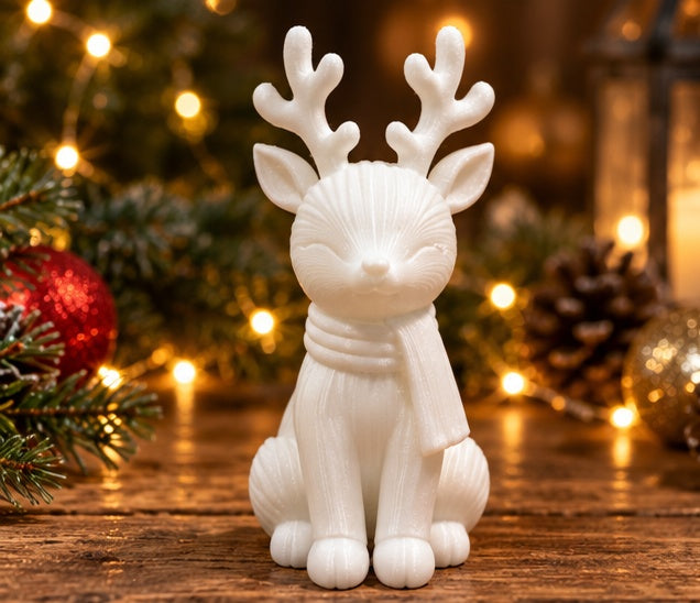 3D Printed Christmas Reindeer Figurine Cute Sitting Reindeer with Scarf, Festive Home Decor