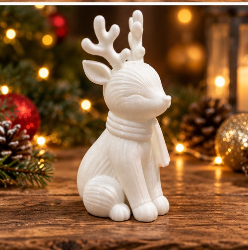 3D Printed Christmas Reindeer Figurine Cute Sitting Reindeer with Scarf, Festive Home Decor