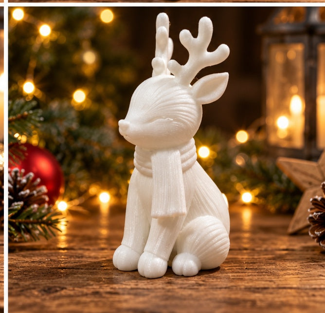 3D Printed Christmas Reindeer Figurine Cute Sitting Reindeer with Scarf, Festive Home Decor